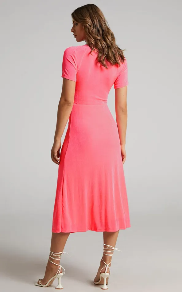 Showpo Lyanna Midi Dress 8211 Cut Out Dress In Neon Pink Women Dresses