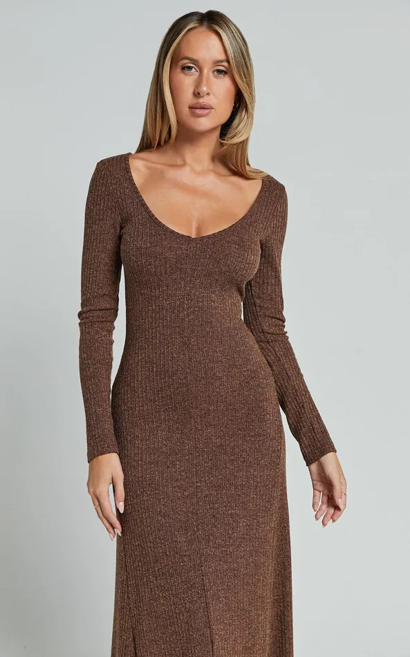 Showpo Lydia Midi Dress 8211 V Neck Long Sleeve Knitted Dress In Chocolate Women Dresses