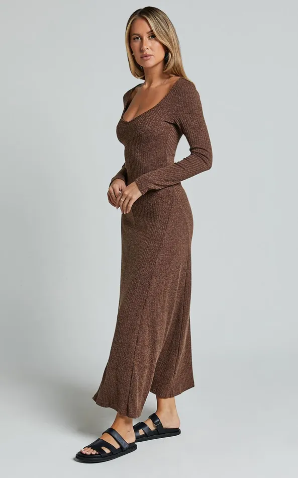 Showpo Lydia Midi Dress 8211 V Neck Long Sleeve Knitted Dress In Chocolate Women Dresses
