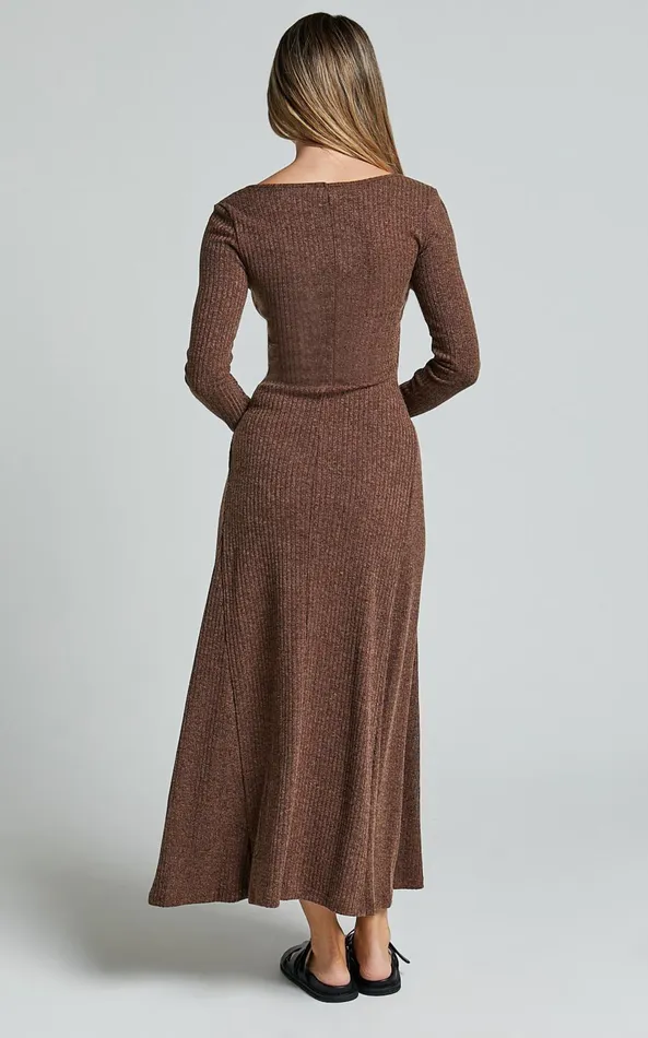 Showpo Lydia Midi Dress 8211 V Neck Long Sleeve Knitted Dress In Chocolate Women Dresses