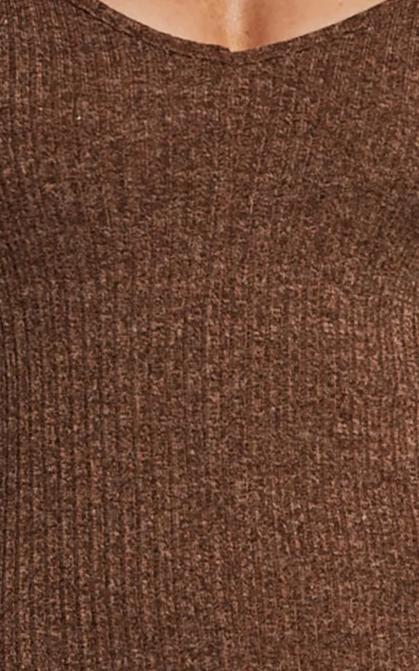 Showpo Lydia Midi Dress 8211 V Neck Long Sleeve Knitted Dress In Chocolate Women Dresses