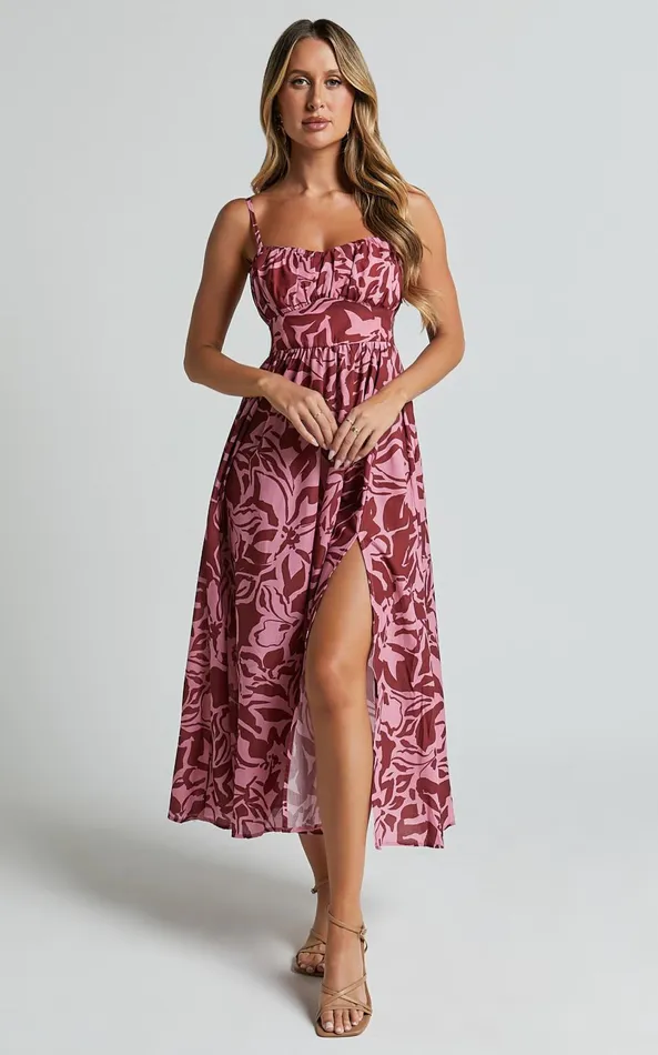 Showpo Lydie Midi Dress 8211 Strappy Ruched Bust Shirred Back Dress In Whirlwind Floral Print Women Dresses Showpo Lydie Midi Dress 8211 Strappy Ruched Bust Shirred Back Dress In Whirlwind Floral Print Women Dresses