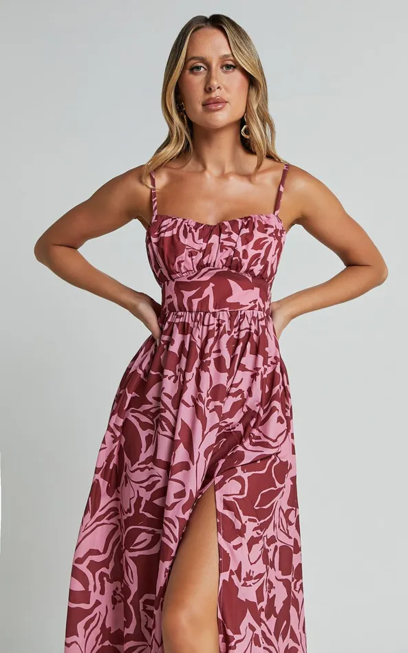 Showpo Lydie Midi Dress 8211 Strappy Ruched Bust Shirred Back Dress In Whirlwind Floral Print Women Dresses