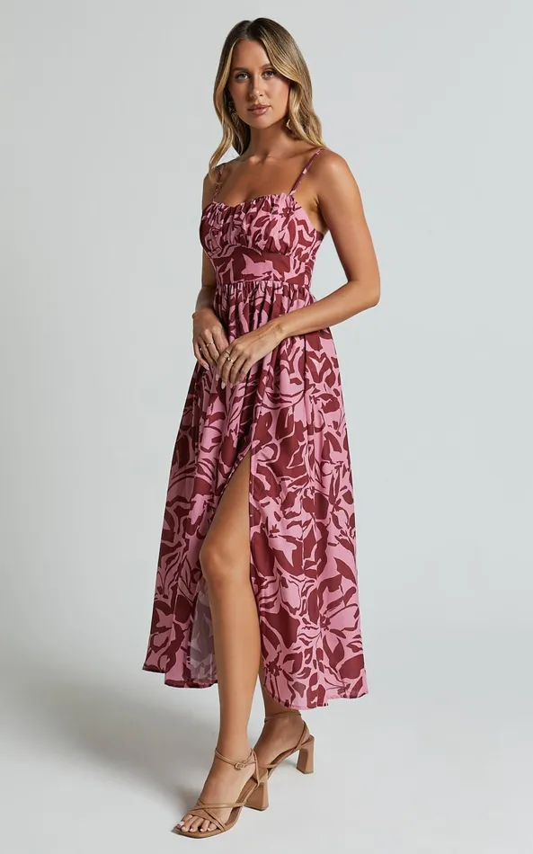 Showpo Lydie Midi Dress 8211 Strappy Ruched Bust Shirred Back Dress In Whirlwind Floral Print Women Dresses