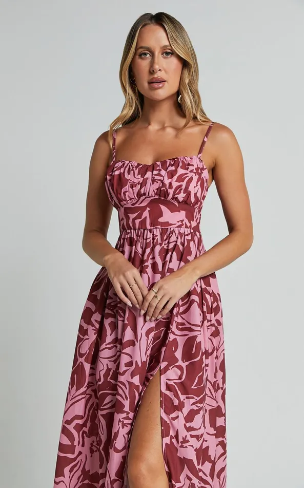 Showpo Lydie Midi Dress 8211 Strappy Ruched Bust Shirred Back Dress In Whirlwind Floral Print Women Dresses