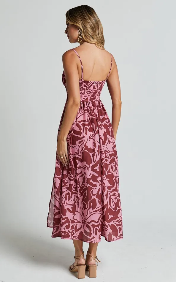 Showpo Lydie Midi Dress 8211 Strappy Ruched Bust Shirred Back Dress In Whirlwind Floral Print Women Dresses