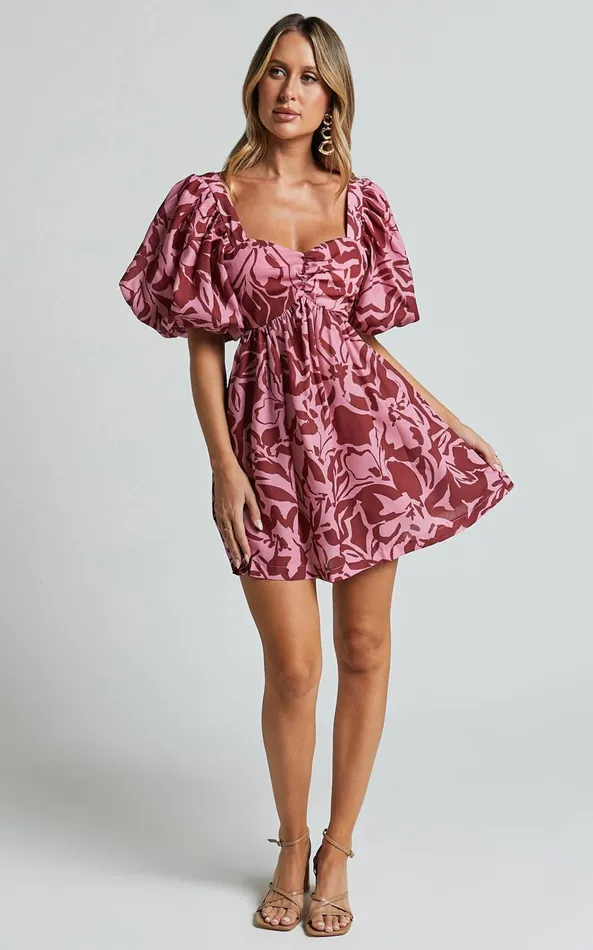 Showpo Lydie Mini Dress 8211 Sweetheart Short Balloon Sleeve Ruched Bodice Dress In Whirlwind Floral Print Women Dresses