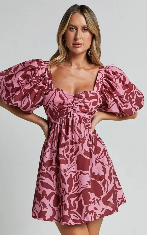 Showpo Lydie Mini Dress 8211 Sweetheart Short Balloon Sleeve Ruched Bodice Dress In Whirlwind Floral Print Women Dresses