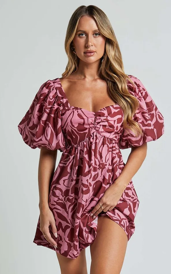 Showpo Lydie Mini Dress 8211 Sweetheart Short Balloon Sleeve Ruched Bodice Dress In Whirlwind Floral Print Women Dresses