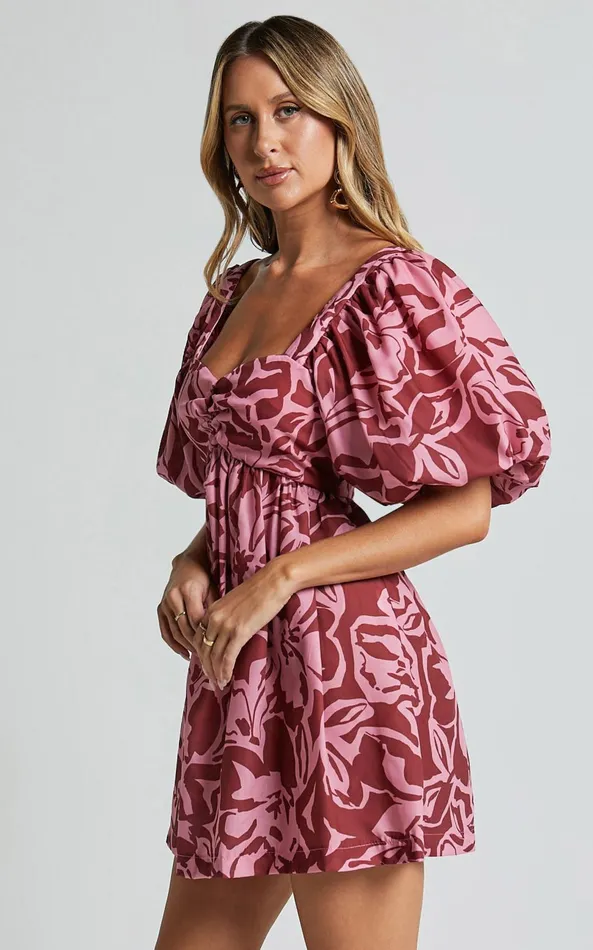 Showpo Lydie Mini Dress 8211 Sweetheart Short Balloon Sleeve Ruched Bodice Dress In Whirlwind Floral Print Women Dresses