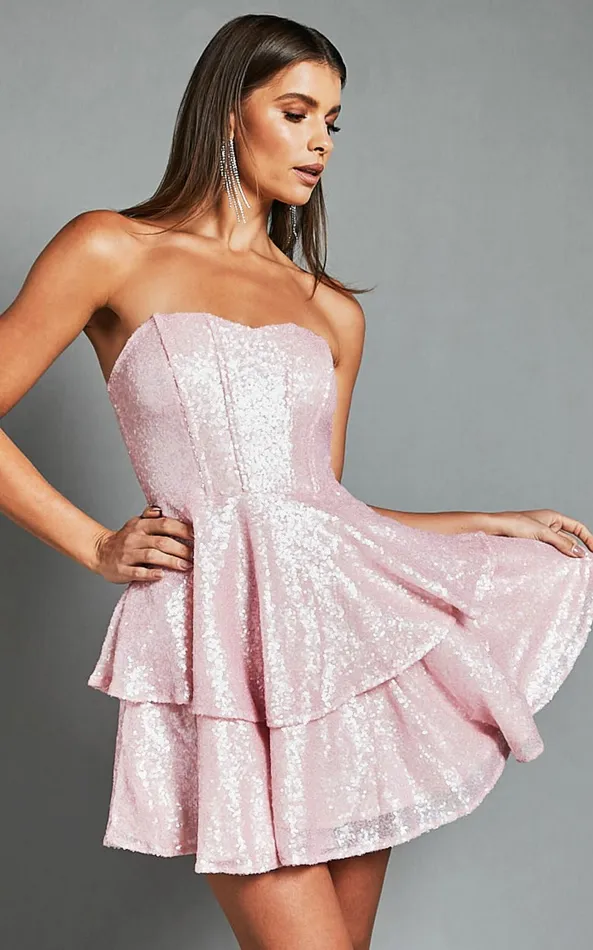 Showpo Mabel Mini Dress 8211 Strapless Sweetheart Neck Tiered In Pink Women Dresses