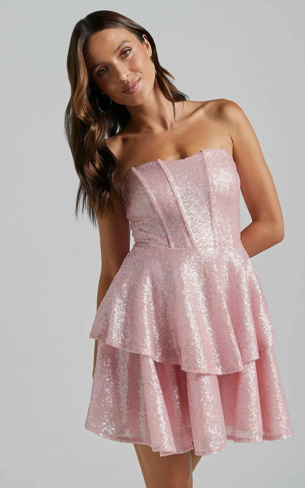 Showpo Mabel Mini Dress 8211 Strapless Sweetheart Neck Tiered In Pink Women Dresses