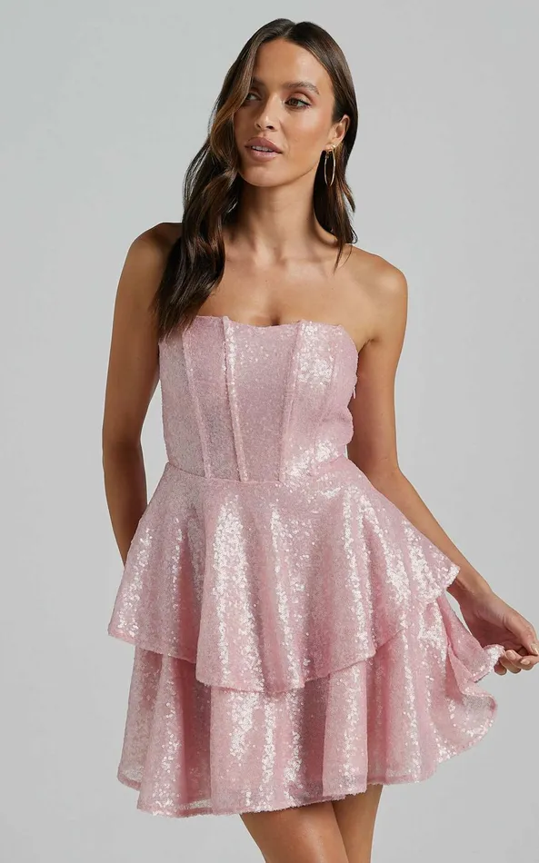 Showpo Mabel Mini Dress 8211 Strapless Sweetheart Neck Tiered In Pink Women Dresses