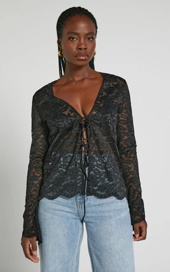 Showpo Mackenzie Top 8211 Long Sleeve Tie Front In Black Women Tops