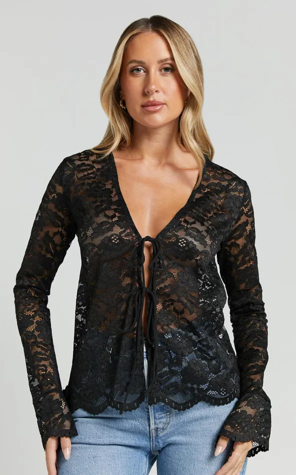 Showpo Mackenzie Top 8211 Long Sleeve Tie Front In Black Women Tops