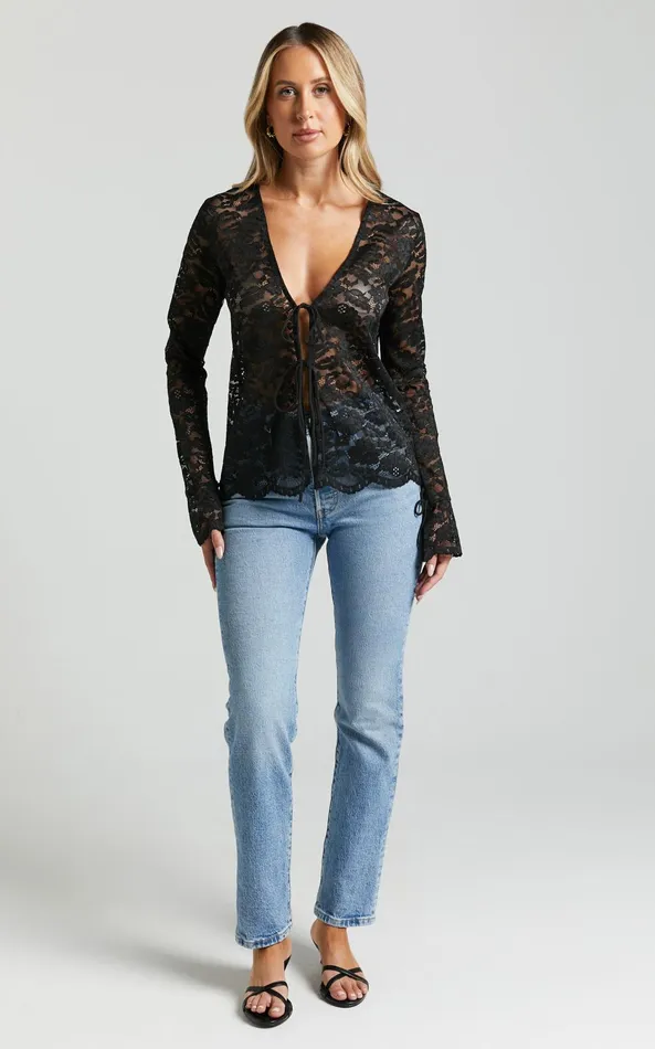 Showpo Mackenzie Top 8211 Long Sleeve Tie Front In Black Women Tops