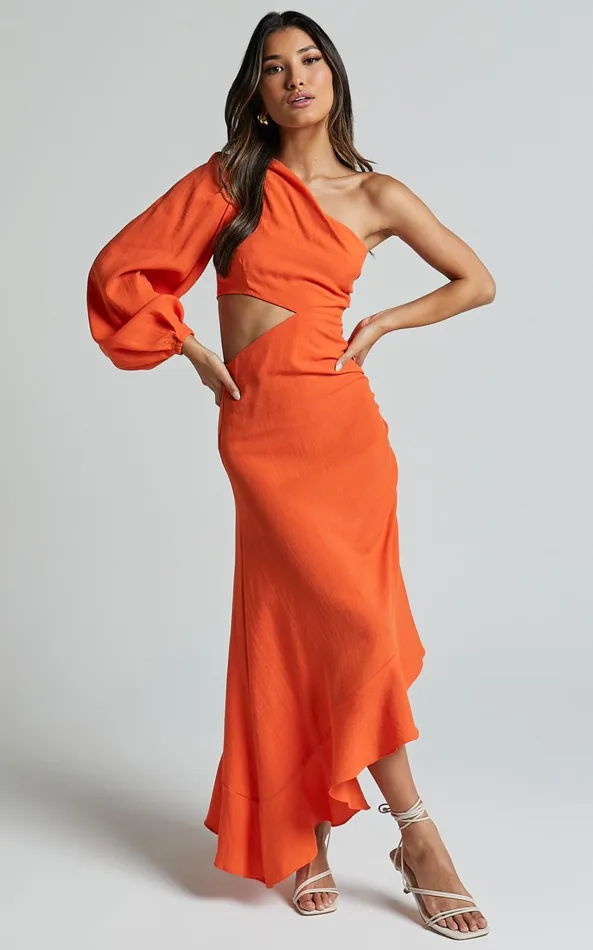 Showpo Madalyn Midi Dress 8211 One Shoulder Long Puff Sleeve Asymmetric Side Cut Out Ruched Side In Orange Women Dresses Showpo Madalyn Midi Dress 8211 One Shoulder Long Puff Sleeve Asymmetric Side Cut Out Ruched Side In Orange Women Dresses