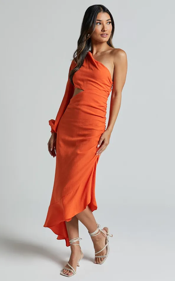 Showpo Madalyn Midi Dress 8211 One Shoulder Long Puff Sleeve Asymmetric Side Cut Out Ruched Side In Orange Women Dresses
