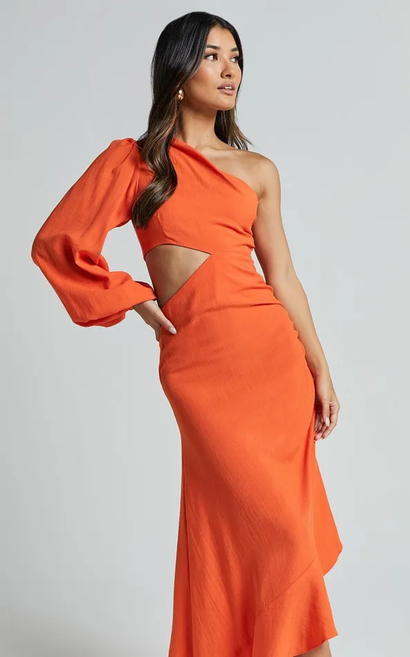 Showpo Madalyn Midi Dress 8211 One Shoulder Long Puff Sleeve Asymmetric Side Cut Out Ruched Side In Orange Women Dresses