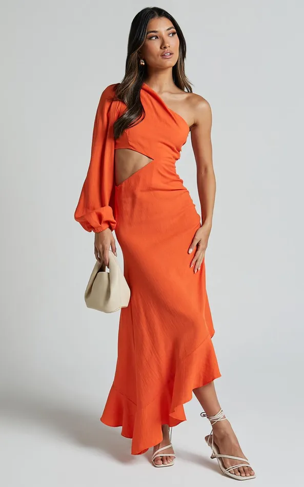 Showpo Madalyn Midi Dress 8211 One Shoulder Long Puff Sleeve Asymmetric Side Cut Out Ruched Side In Orange Women Dresses