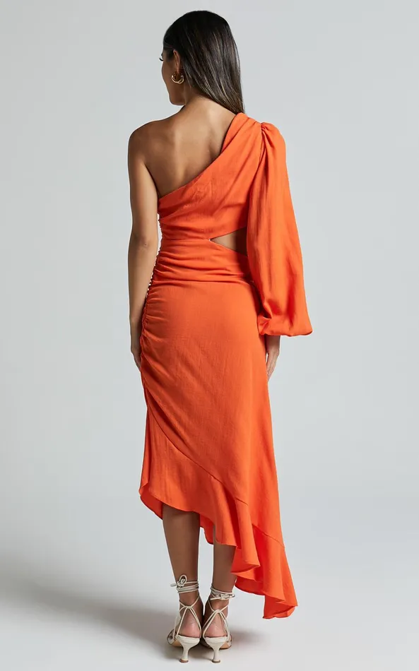 Showpo Madalyn Midi Dress 8211 One Shoulder Long Puff Sleeve Asymmetric Side Cut Out Ruched Side In Orange Women Dresses