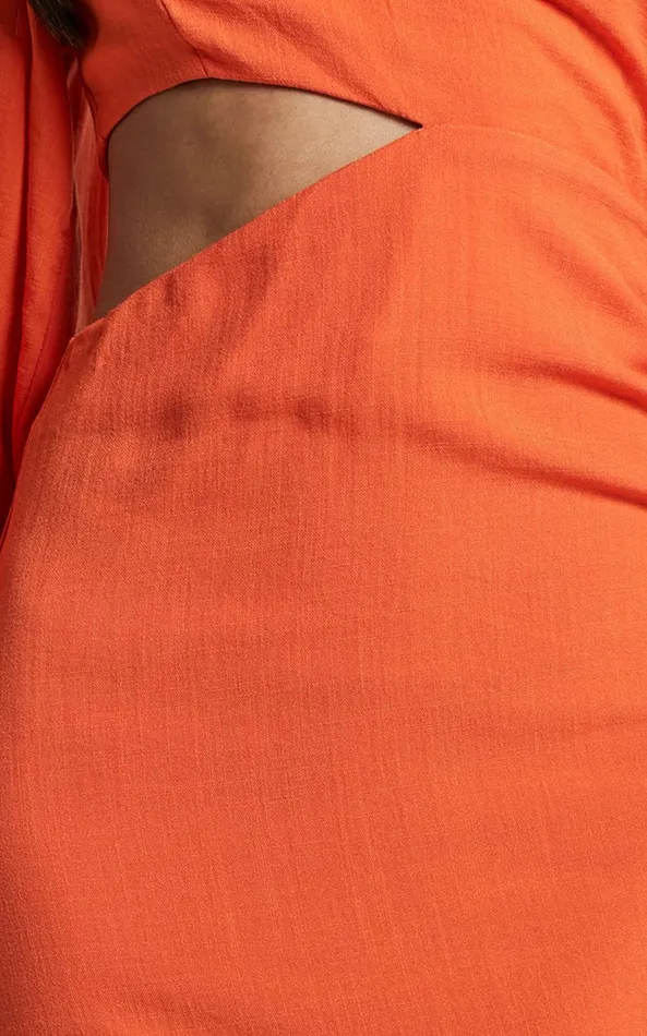 Showpo Madalyn Midi Dress 8211 One Shoulder Long Puff Sleeve Asymmetric Side Cut Out Ruched Side In Orange Women Dresses