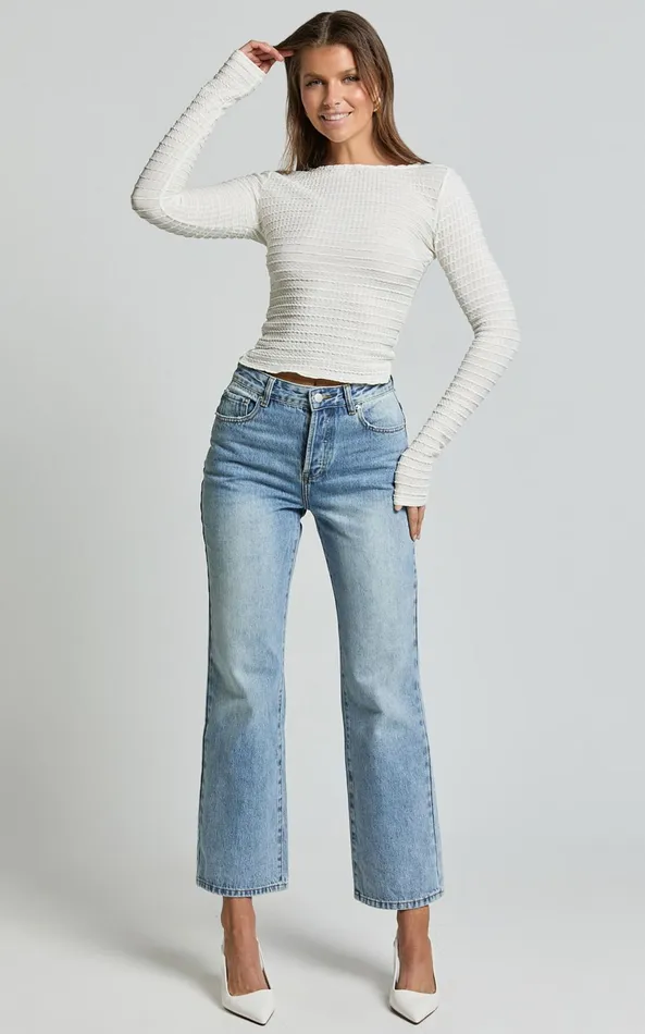 Showpo Madeline Top 8211 Long Sleeve Textured Boat Neck Top In Cream Women Tops