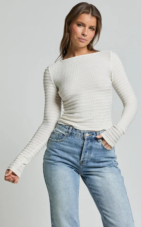 Showpo Madeline Top 8211 Long Sleeve Textured Boat Neck Top In Cream Women Tops