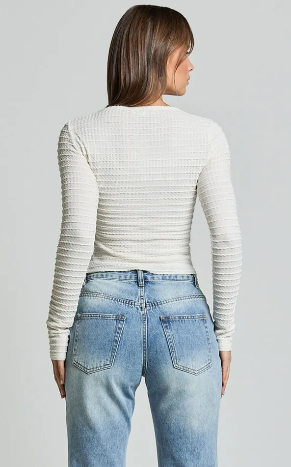Showpo Madeline Top 8211 Long Sleeve Textured Boat Neck Top In Cream Women Tops