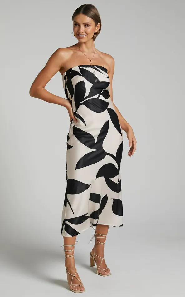 Showpo Madelyn Midi Dress 8211 Strapless Palm Print Satin Dress In Cream And Black Shadow Print Women Dresses Showpo Madelyn Midi Dress 8211 Strapless Palm Print Satin Dress In Cream And Black Shadow Print Women Dresses