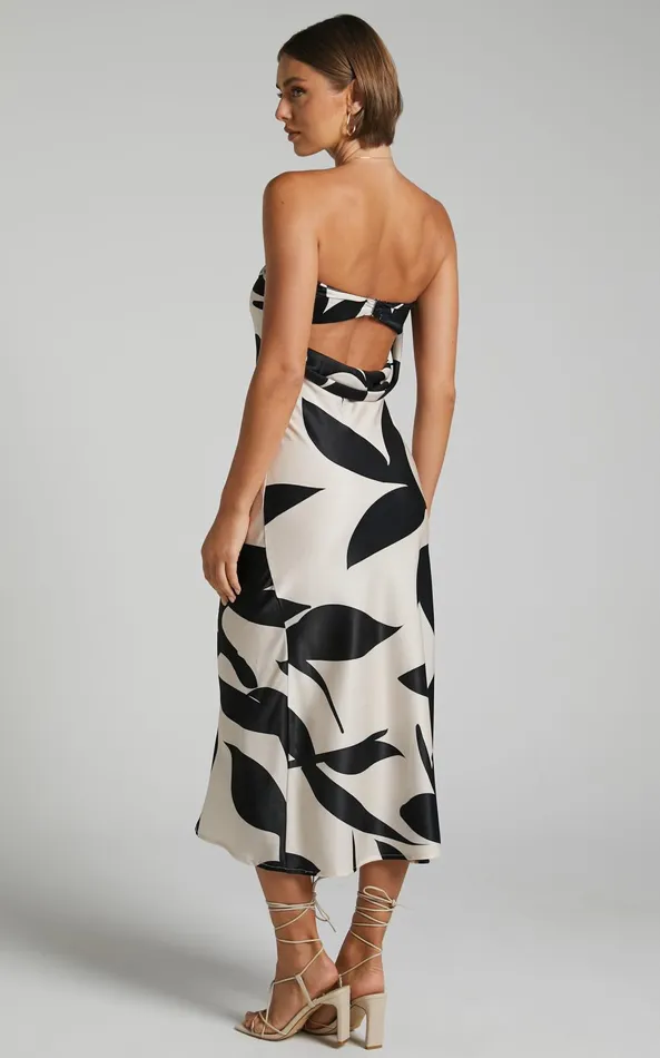 Showpo Madelyn Midi Dress 8211 Strapless Palm Print Satin Dress In Cream And Black Shadow Print Women Dresses