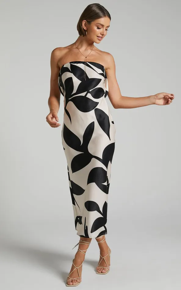 Showpo Madelyn Midi Dress 8211 Strapless Palm Print Satin Dress In Cream And Black Shadow Print Women Dresses