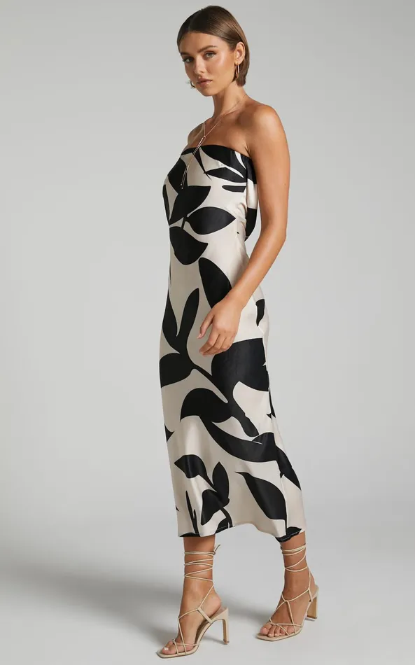 Showpo Madelyn Midi Dress 8211 Strapless Palm Print Satin Dress In Cream And Black Shadow Print Women Dresses