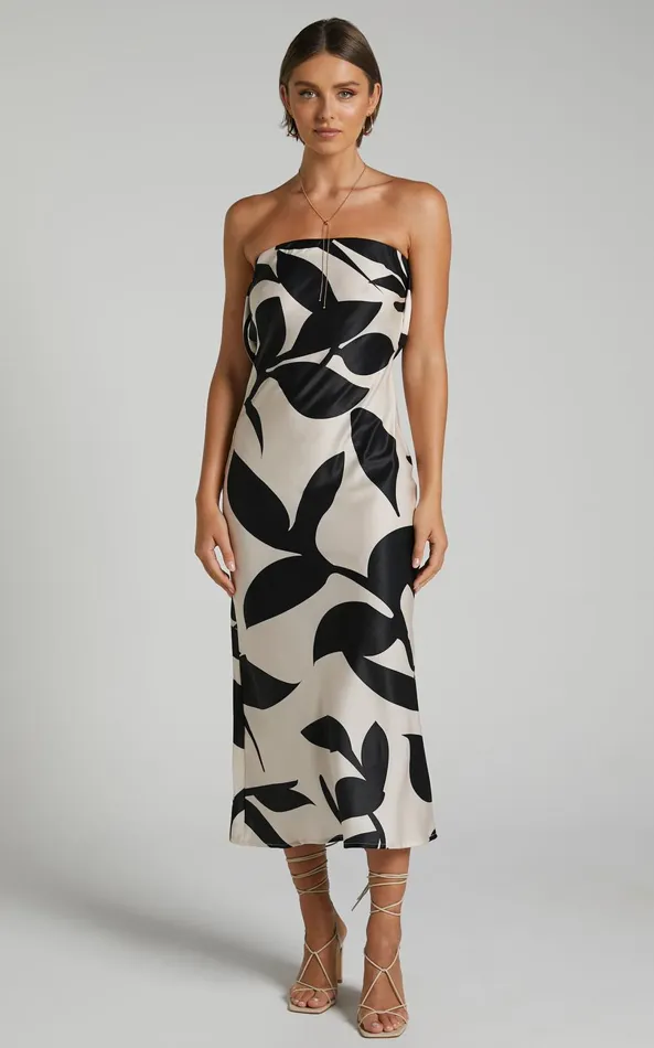 Showpo Madelyn Midi Dress 8211 Strapless Palm Print Satin Dress In Cream And Black Shadow Print Women Dresses