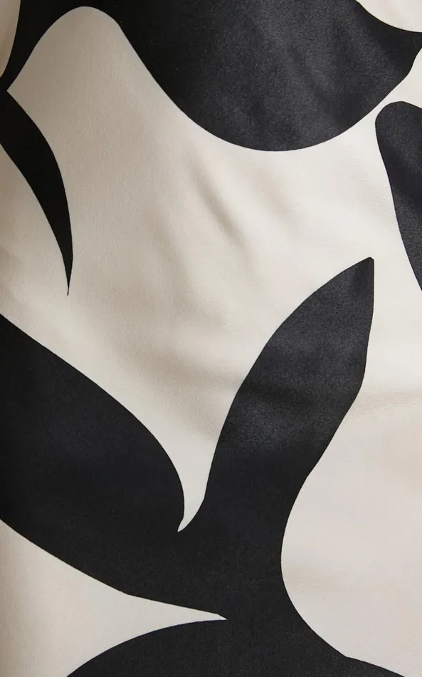 Showpo Madelyn Midi Dress 8211 Strapless Palm Print Satin Dress In Cream And Black Shadow Print Women Dresses