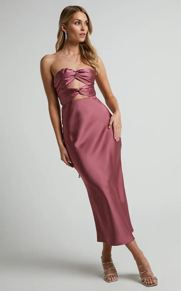 Showpo Madelynn Midi Dress 8211 Twist Front Satin Dress In Plum Women Dresses