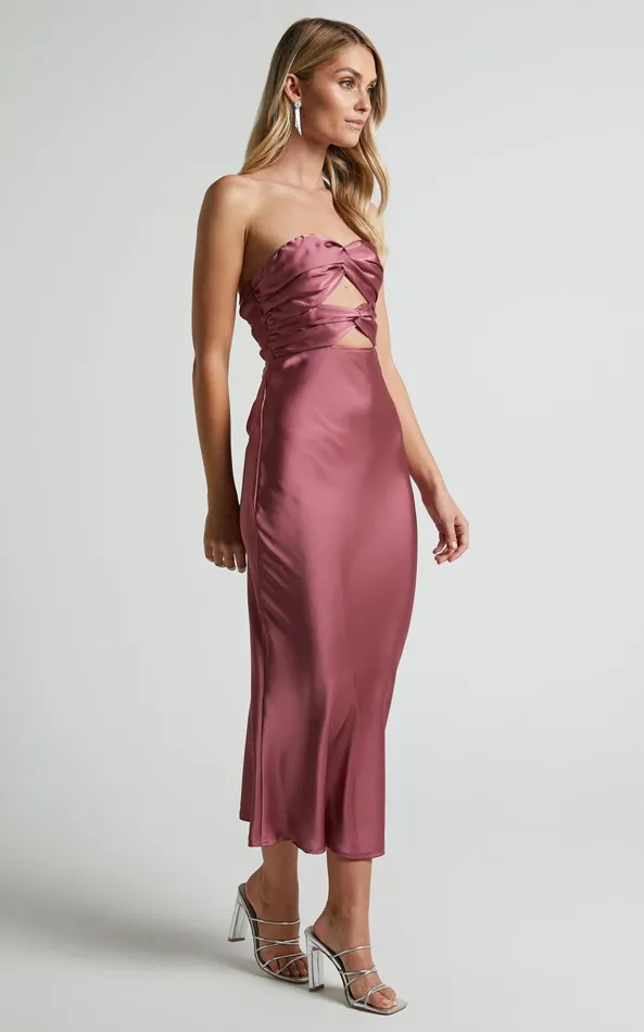 Showpo Madelynn Midi Dress 8211 Twist Front Satin Dress In Plum Women Dresses