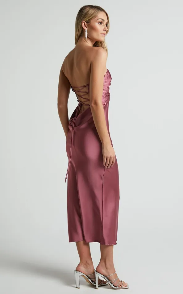 Showpo Madelynn Midi Dress 8211 Twist Front Satin Dress In Plum Women Dresses