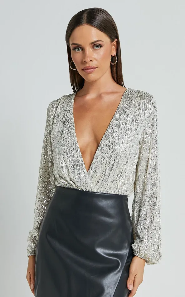 Showpo Madone Bodysuit 8211 Long Sleeve V Neck Sequin In Silver Women Curve Clothes Showpo Madone Bodysuit 8211 Long Sleeve V Neck Sequin In Silver Women Curve Clothes