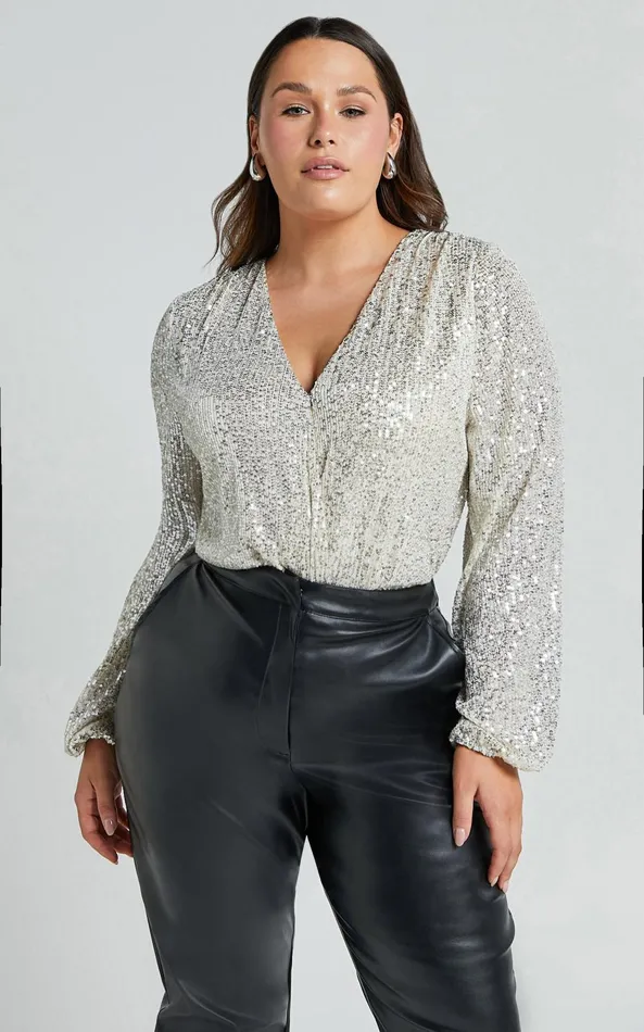 Showpo Madone Bodysuit 8211 Long Sleeve V Neck Sequin In Silver Women Curve Clothes
