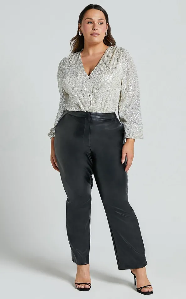 Showpo Madone Bodysuit 8211 Long Sleeve V Neck Sequin In Silver Women Curve Clothes