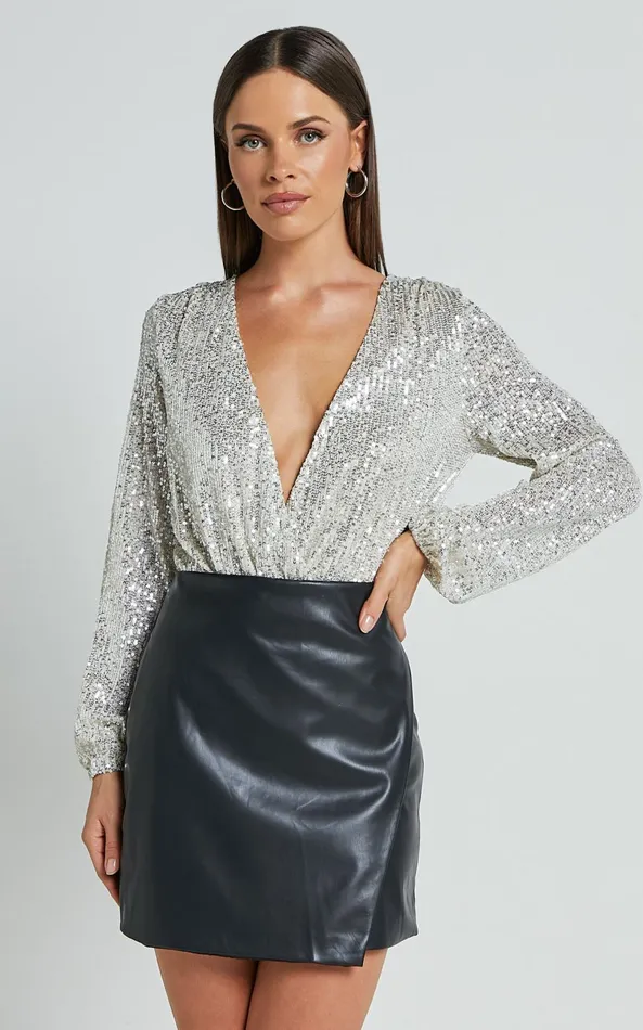 Showpo Madone Bodysuit 8211 Long Sleeve V Neck Sequin In Silver Women Curve Clothes