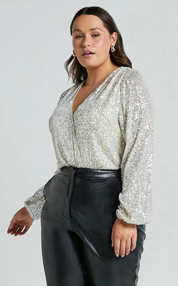 Showpo Madone Bodysuit 8211 Long Sleeve V Neck Sequin In Silver Women Curve Clothes
