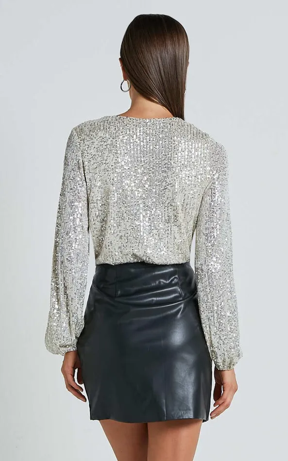 Showpo Madone Bodysuit 8211 Long Sleeve V Neck Sequin In Silver Women Curve Clothes