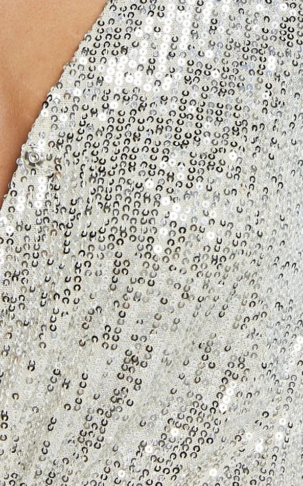 Showpo Madone Bodysuit 8211 Long Sleeve V Neck Sequin In Silver Women Curve Clothes