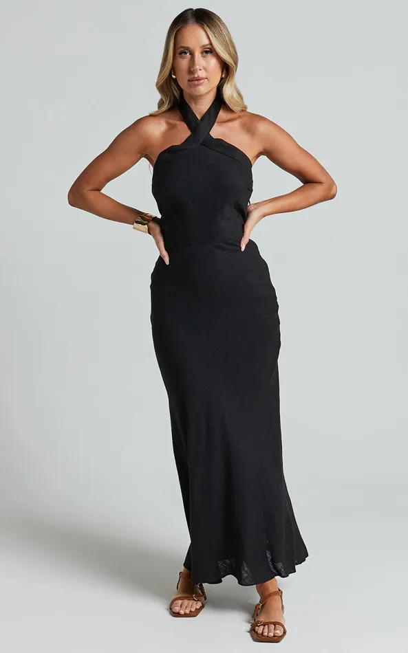 Showpo Maelynn Midi Dress 8211 Linen Look Twist Halter Neck Low Back Slip Dress In Black Women Dresses