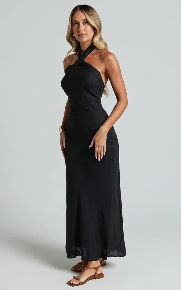Showpo Maelynn Midi Dress 8211 Linen Look Twist Halter Neck Low Back Slip Dress In Black Women Dresses