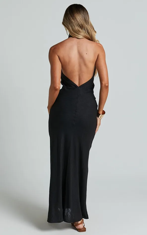 Showpo Maelynn Midi Dress 8211 Linen Look Twist Halter Neck Low Back Slip Dress In Black Women Dresses