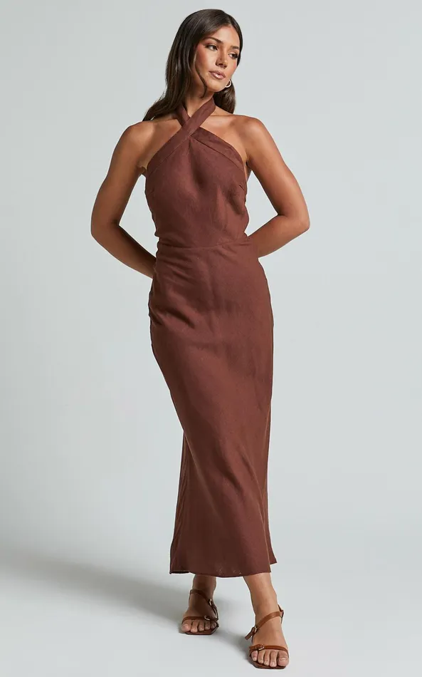 Showpo Maelynn Midi Dress 8211 Linen Look Twist Halter Neck Low Back Slip Dress In Chocolate Women Dresses Showpo Maelynn Midi Dress 8211 Linen Look Twist Halter Neck Low Back Slip Dress In Chocolate Women Dresses