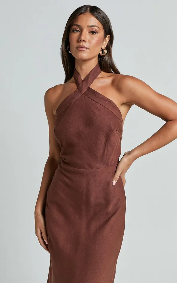 Showpo Maelynn Midi Dress 8211 Linen Look Twist Halter Neck Low Back Slip Dress In Chocolate Women Dresses